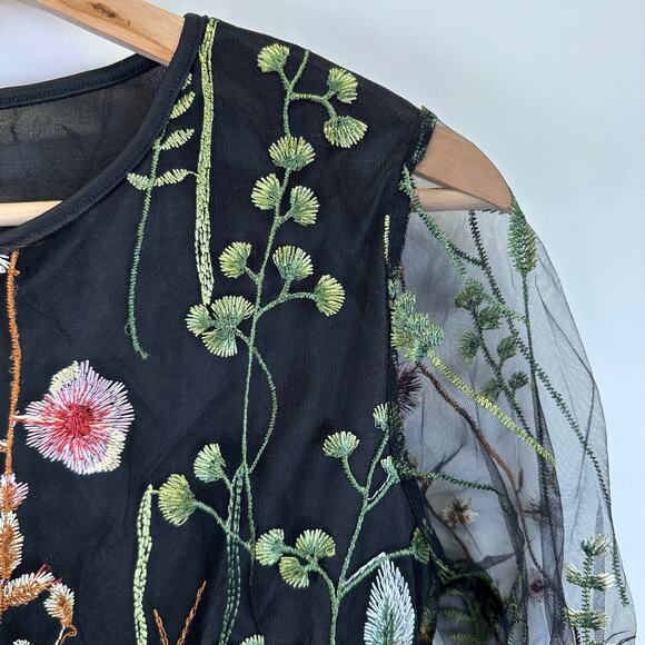 Black Midi Sheer Sleeve Embroidered Floral Knee Length Dress Womens Size Small - Picture 5 of 14